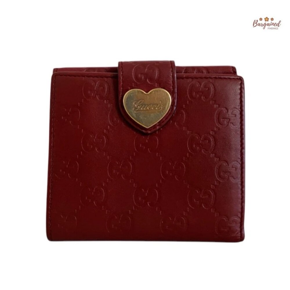 Authentic GUCCI Red Guccissima Leather Engraved Heart Compact French Wallet